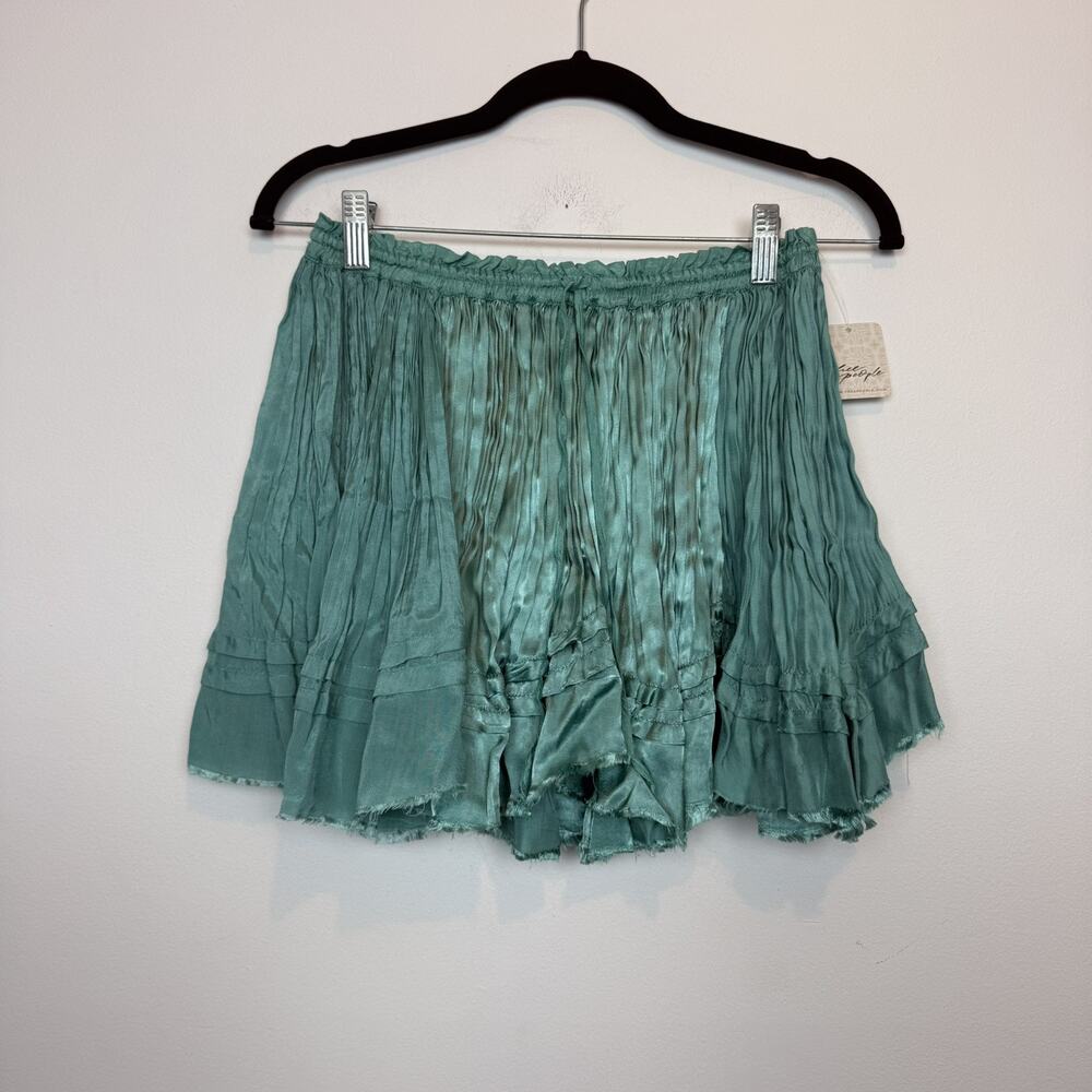 Free People NWT Third Charm mini skirt mineral blue satin boho ruffle SM